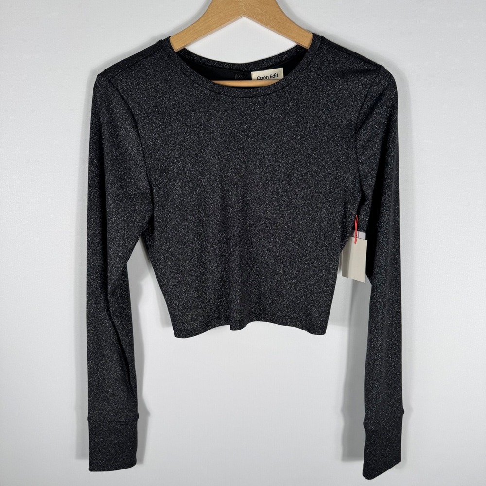 Open Edit Crop Top Womens M Metallic Black Long Sleeve Twist Open Back